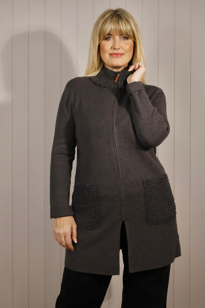 Teddy Trim Cardigan Charcoal