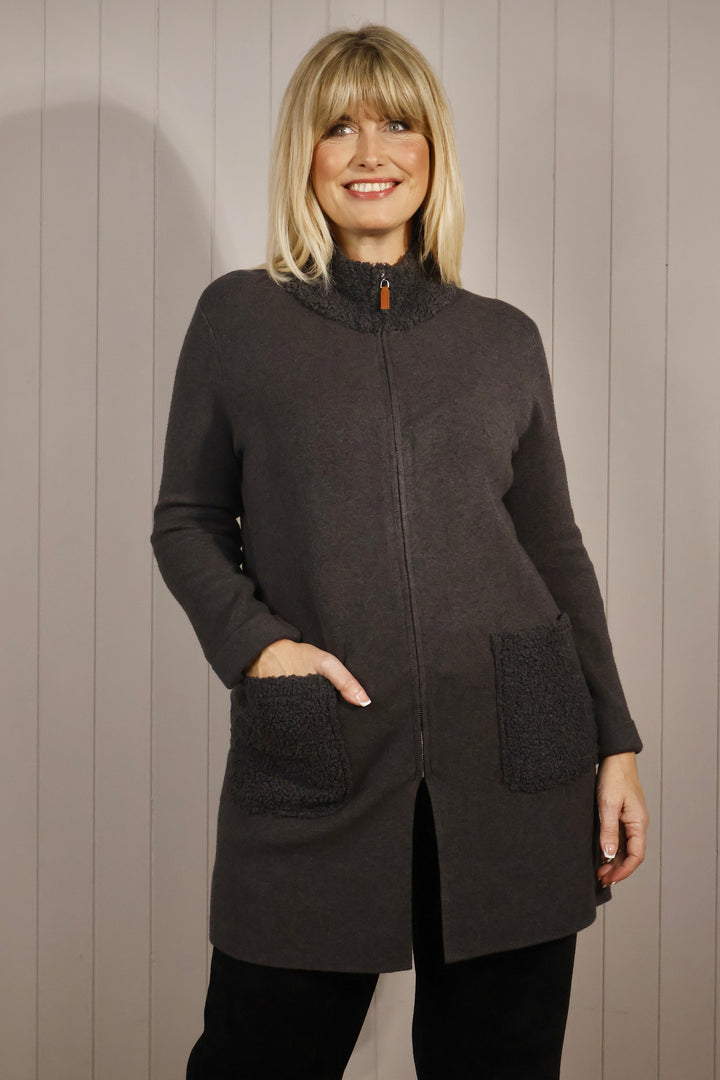 Teddy Trim Cardigan Charcoal