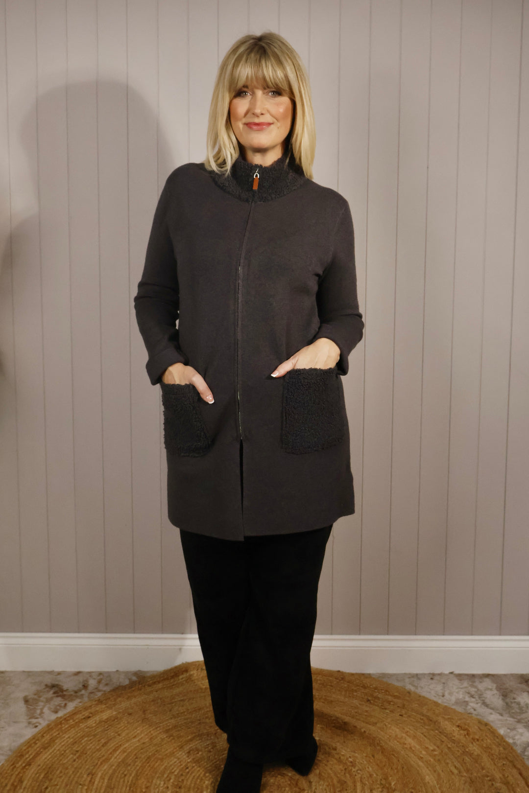 Teddy Trim Cardigan Charcoal