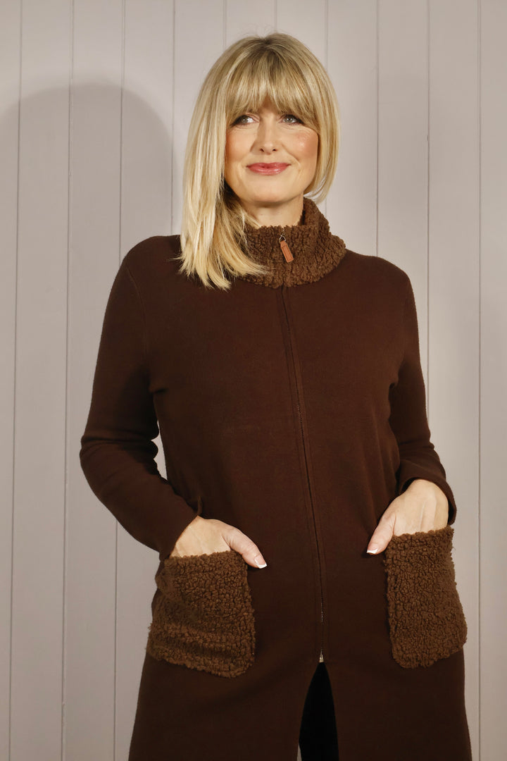 Teddy Trim Cardigan Chocolate