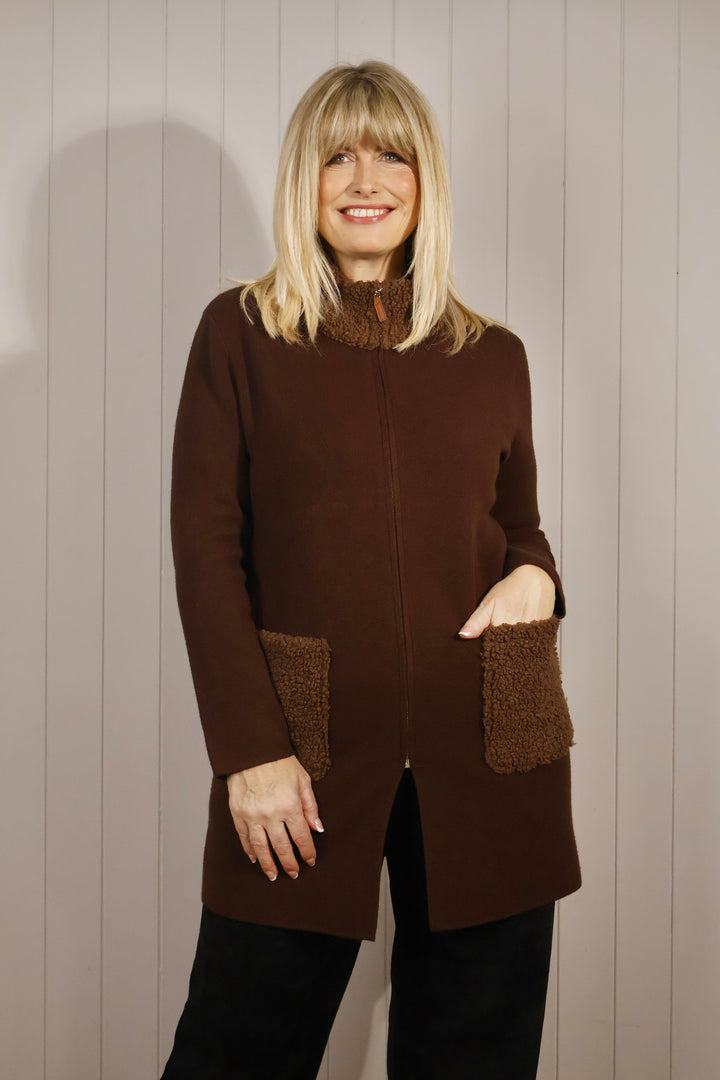 Teddy Trim Cardigan Chocolate