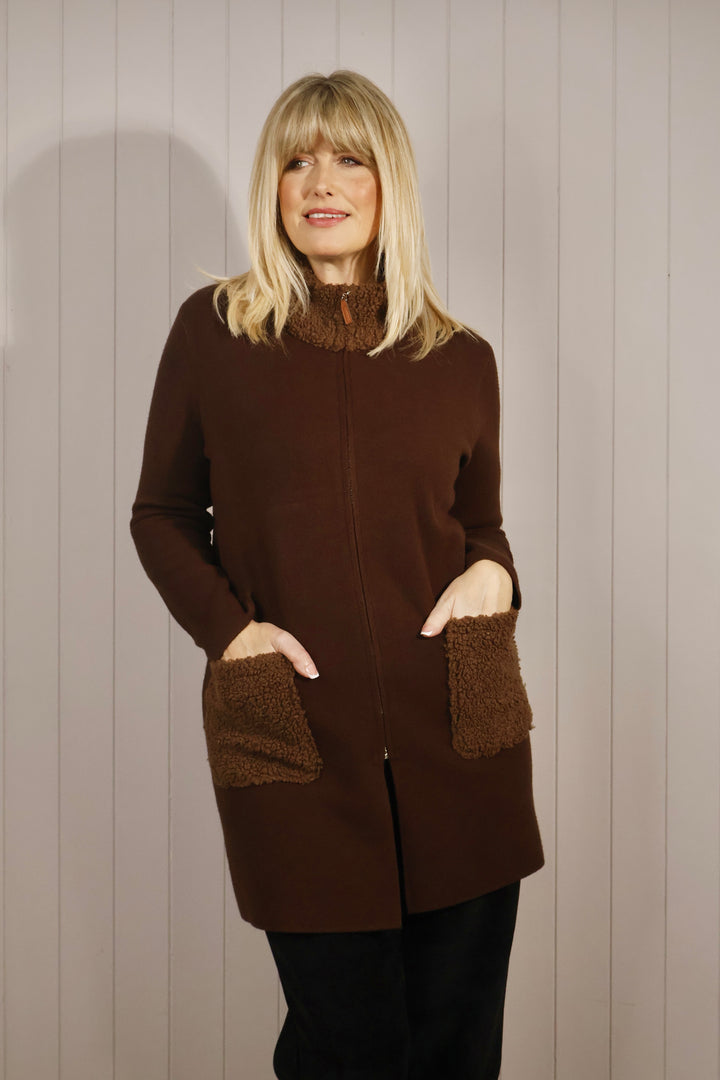 Teddy Trim Cardigan Chocolate