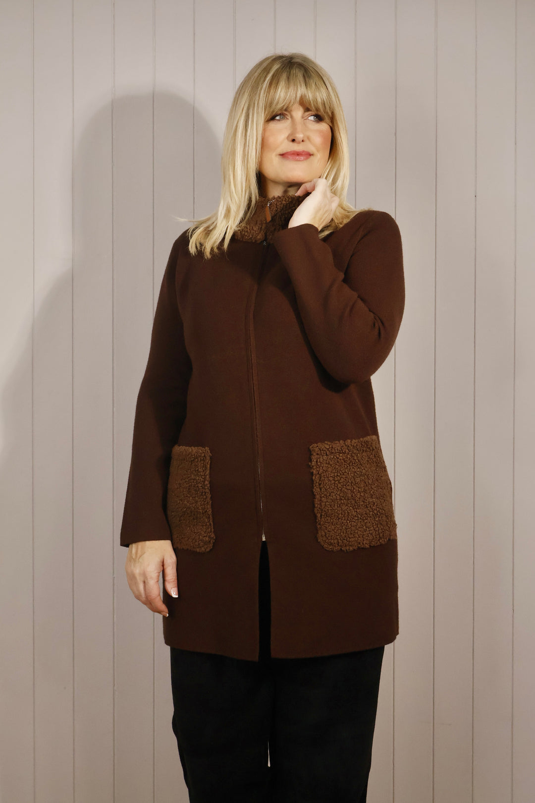 Teddy Trim Cardigan Chocolate