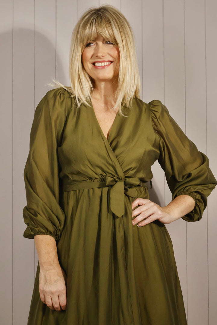 Flavia Sheer Belted Dress Olive