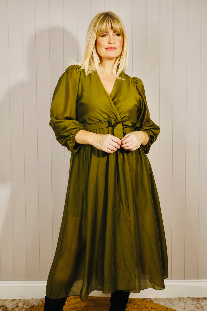 Flavia Sheer Belted Dress Olive