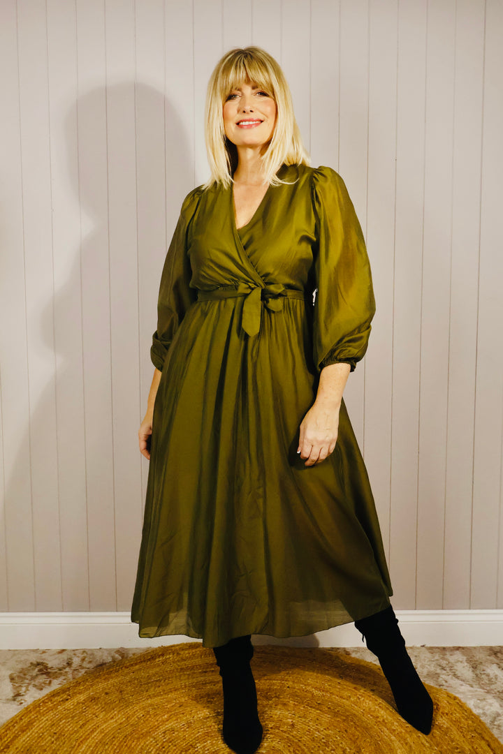 Flavia Sheer Belted Dress Olive