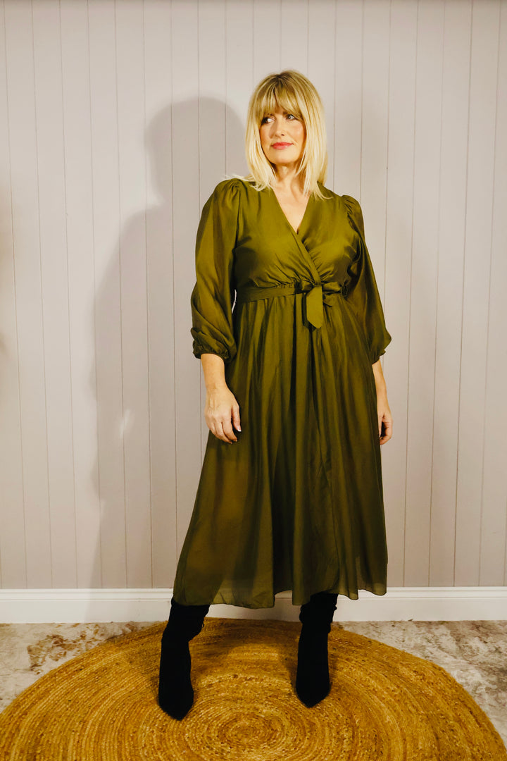 Flavia Sheer Belted Dress Olive
