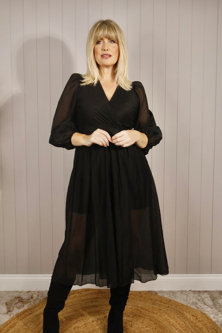 Flavia Sheer Belted Dress Black