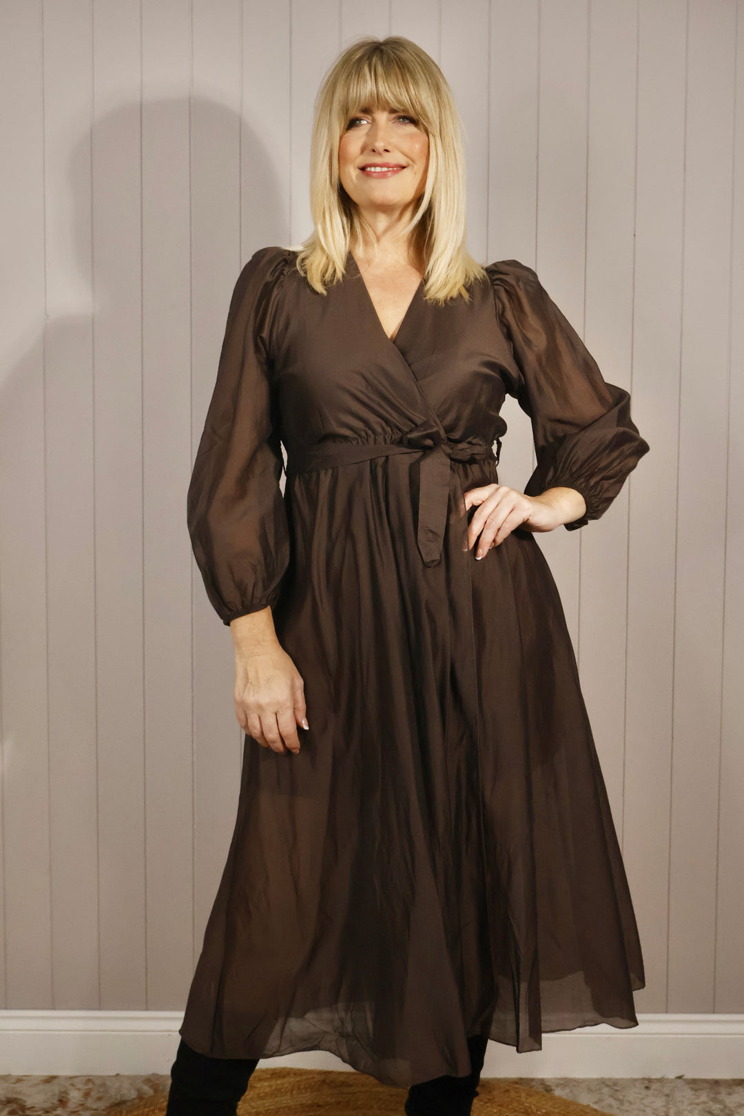 Flavia Sheer Belted Dress Chocolate