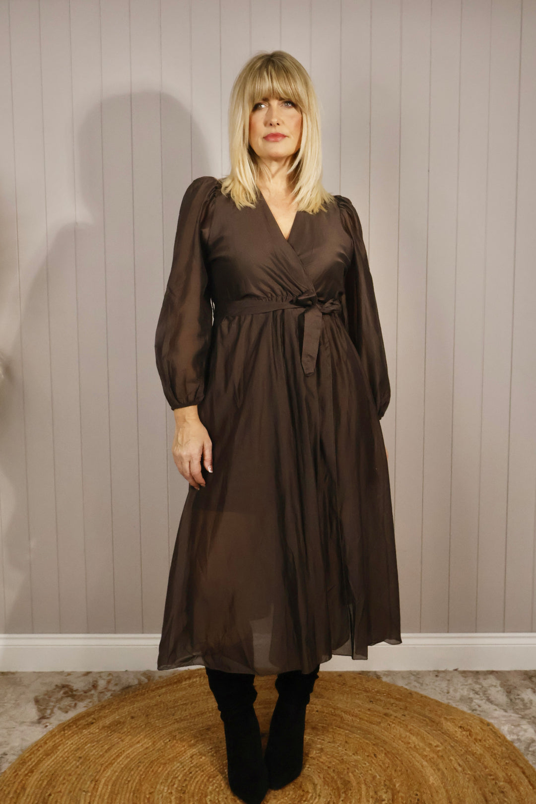 Flavia Sheer Belted Dress Chocolate