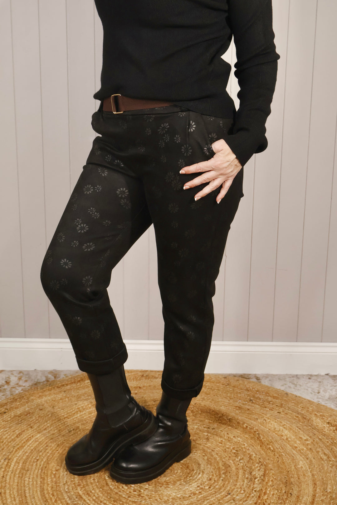 Faux Suede Floral Magic Pants Black