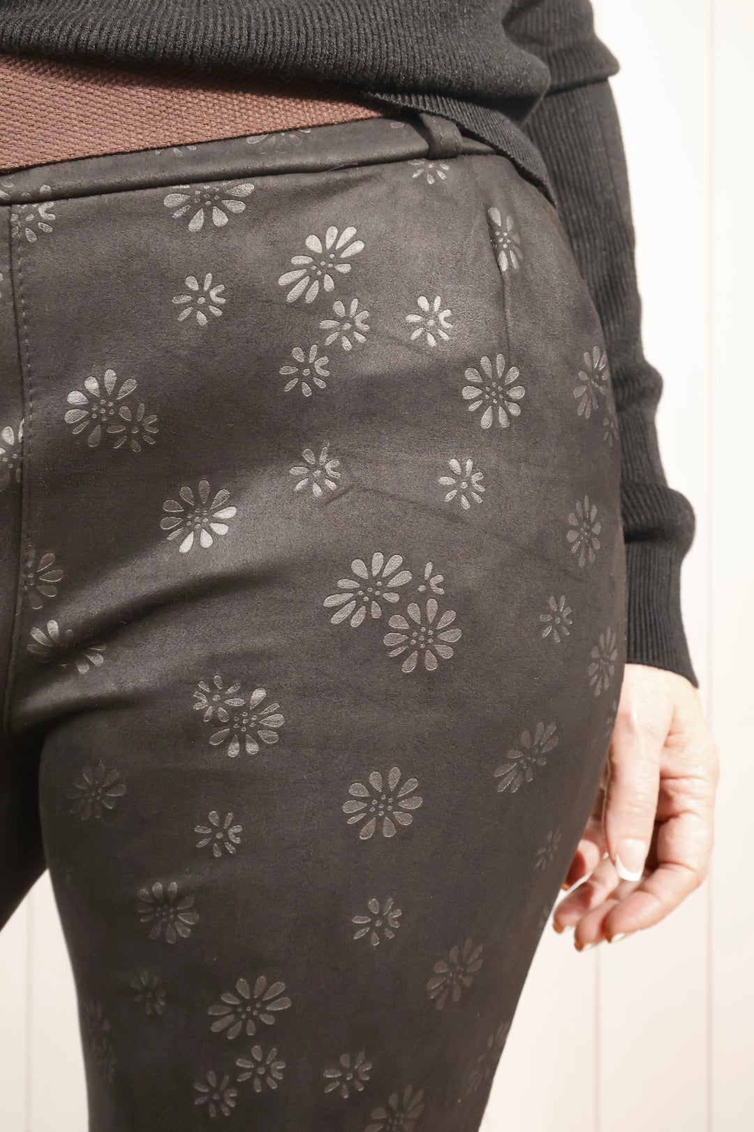 Faux Suede Floral Magic Pants Black