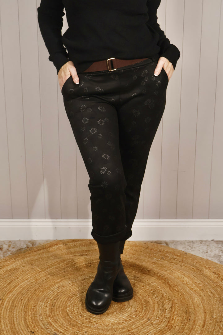Faux Suede Floral Magic Pants Black
