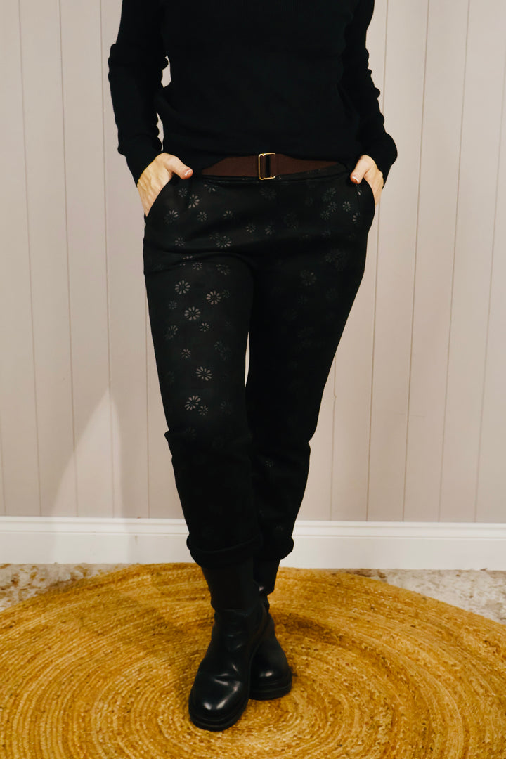 Faux Suede Floral Magic Pants Black
