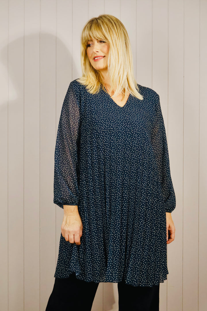 Polka Dot Pleated Tunic Dress Navy