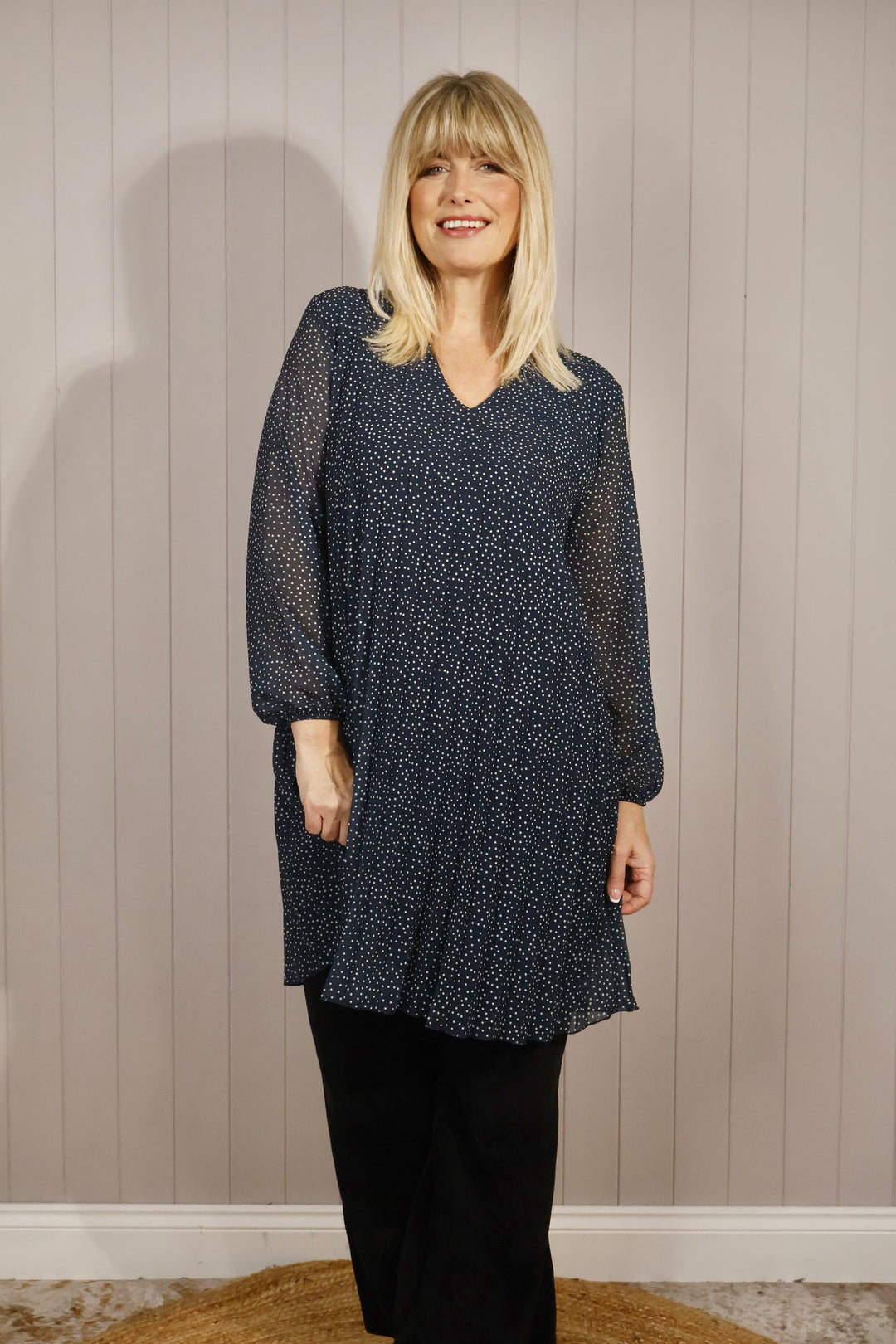 Polka Dot Pleated Tunic Dress Navy