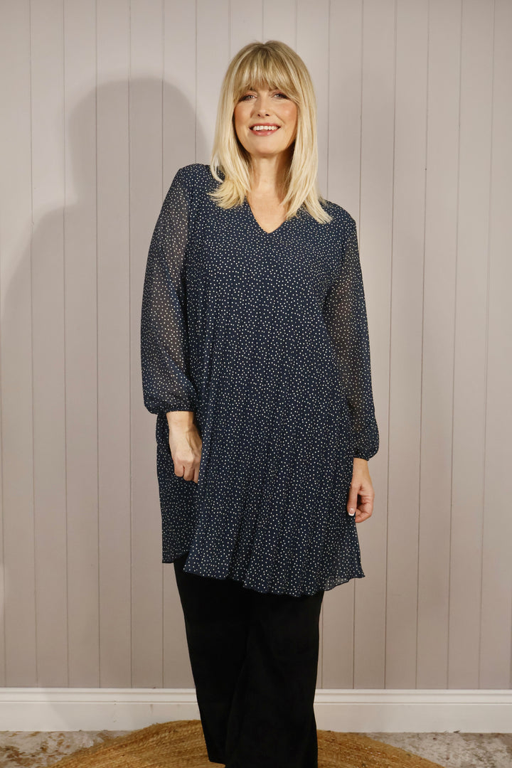 Polka Dot Pleated Tunic Dress Navy