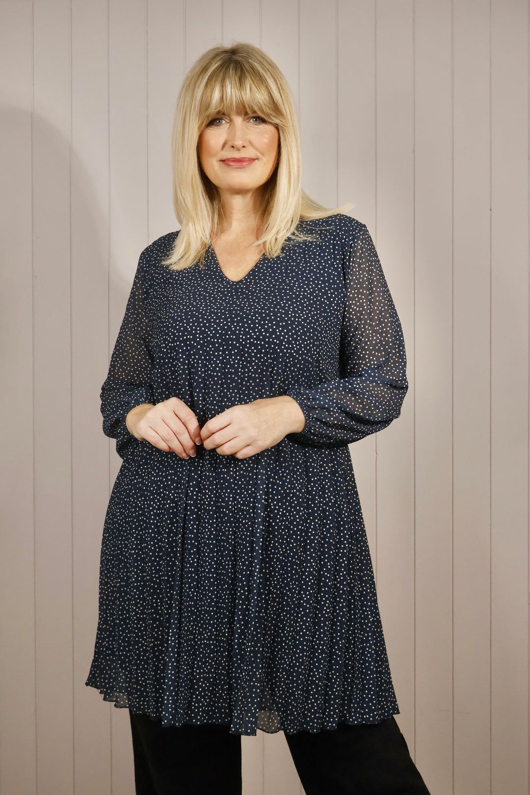 Polka Dot Pleated Tunic Dress Navy