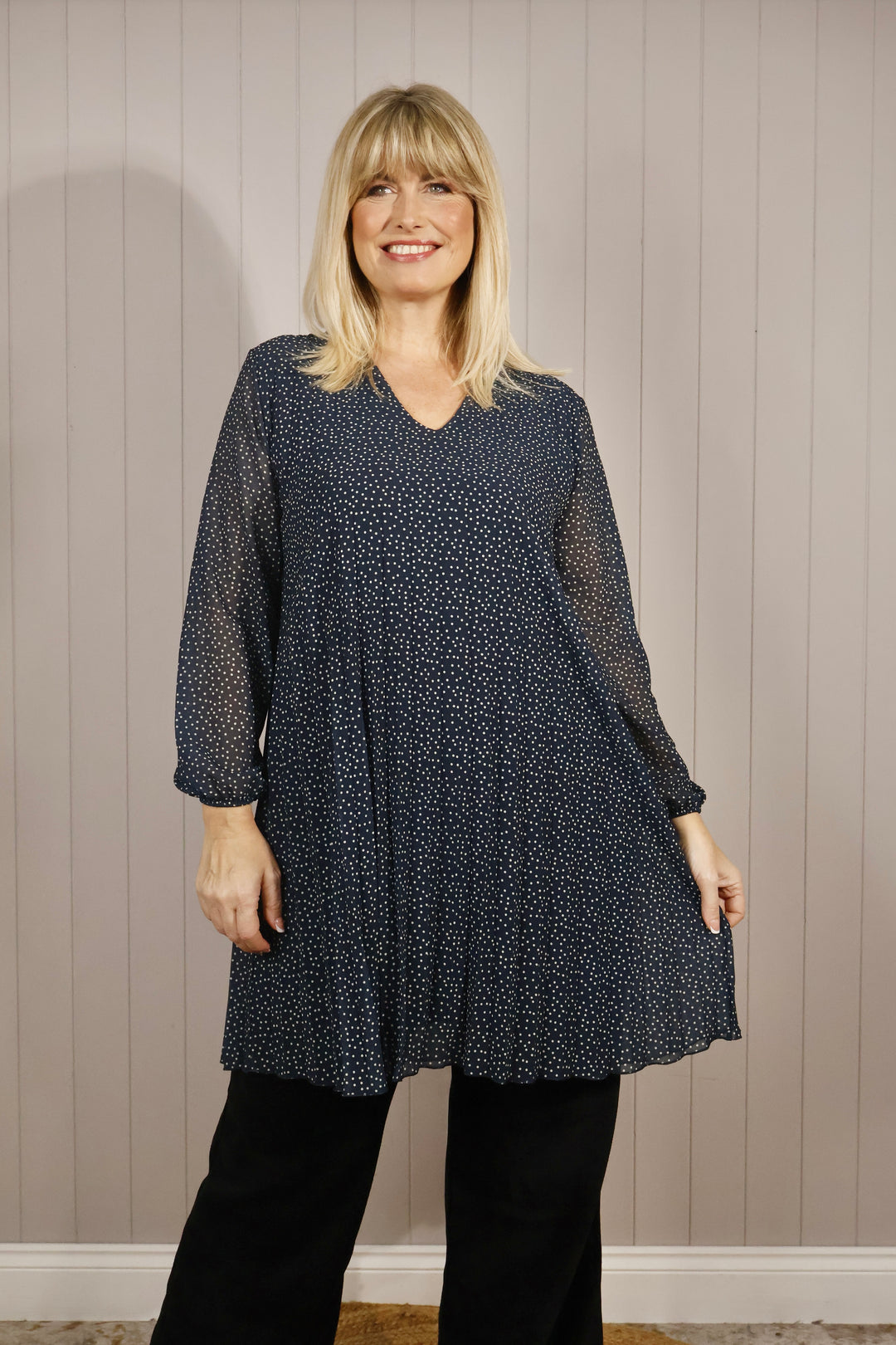 Polka Dot Pleated Tunic Dress Navy