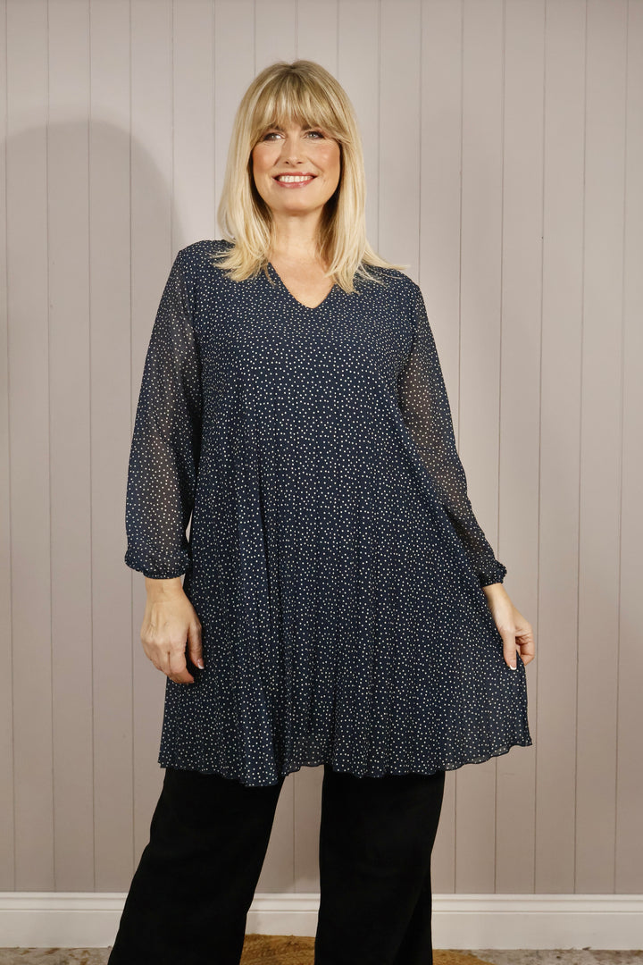 Polka Dot Pleated Tunic Dress Navy