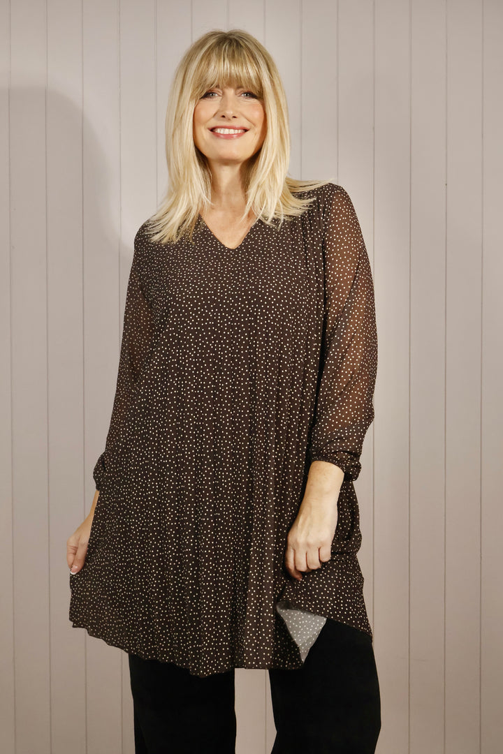 Polka Dot Pleated Tunic Chocolate