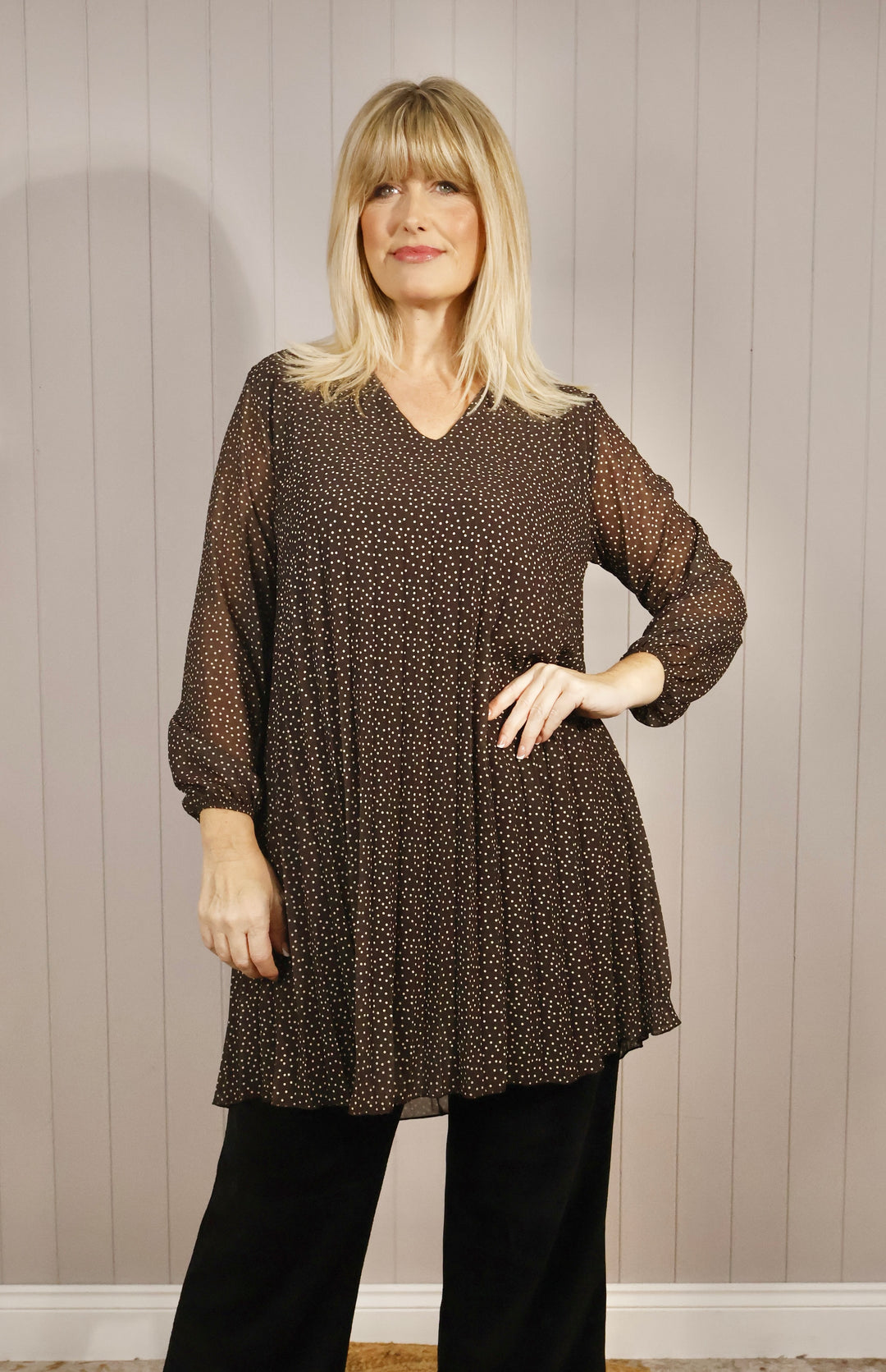 Polka Dot Pleated Tunic Chocolate