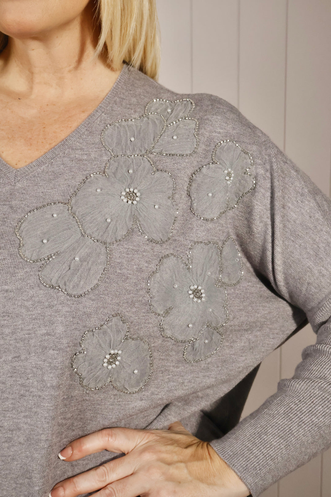 Skye Sequin Flower Jumper Grey