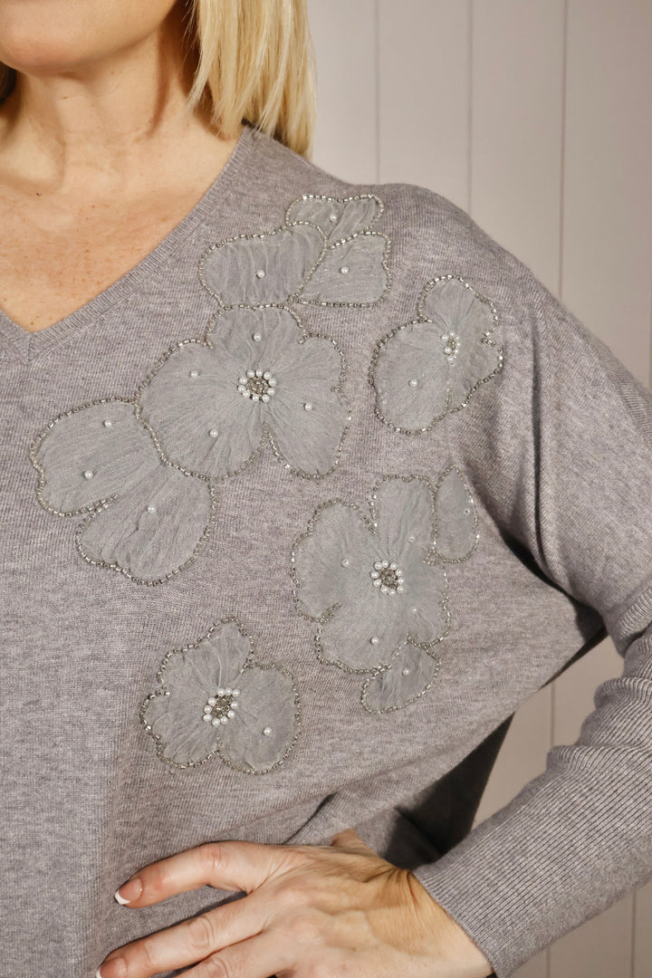 Skye Sequin Flower Jumper Grey