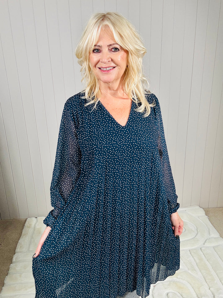 Polka Dot Pleated Tunic Dress Navy