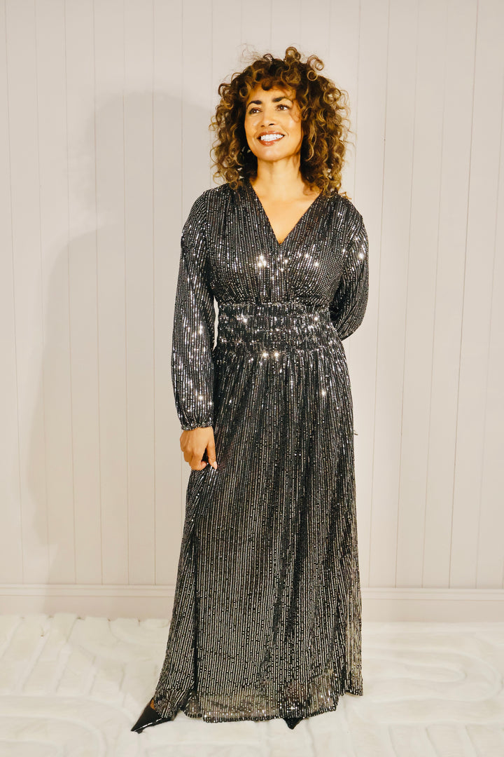 Long sleeve sequin maxi dress Silver