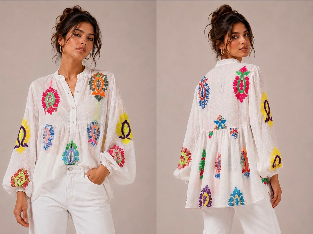 Zora Neon Embroidered Top White