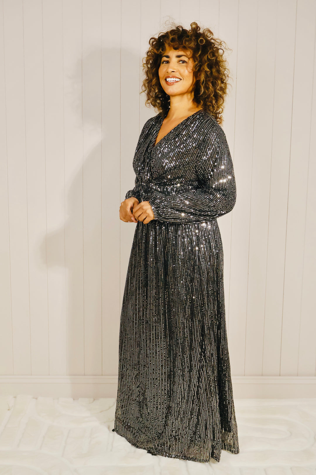 Long sleeve sequin maxi dress Silver
