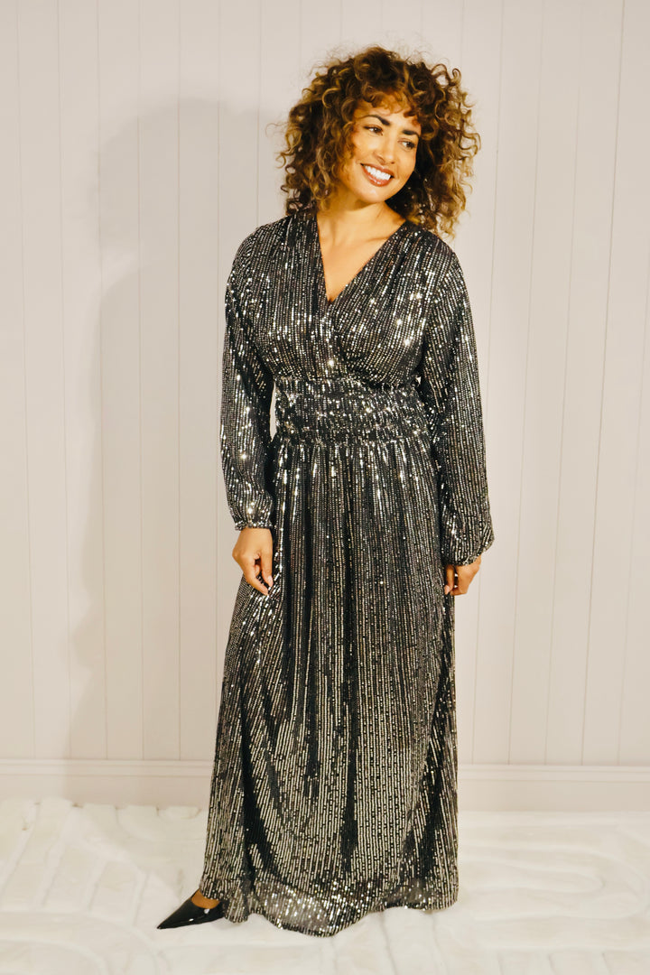 Long sleeve sequin maxi dress Silver