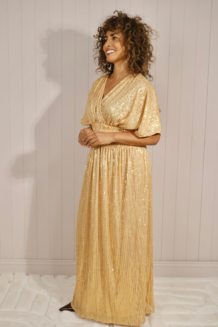 Maxi Dress Shirred Waist Gold