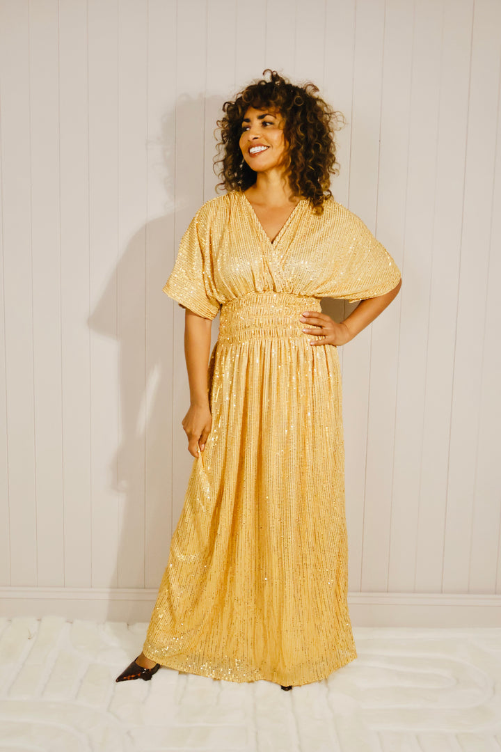 Maxi Dress Shirred Waist Gold