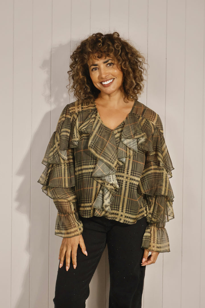 Angelica Tartan Sheer Ruffle Top Khaki