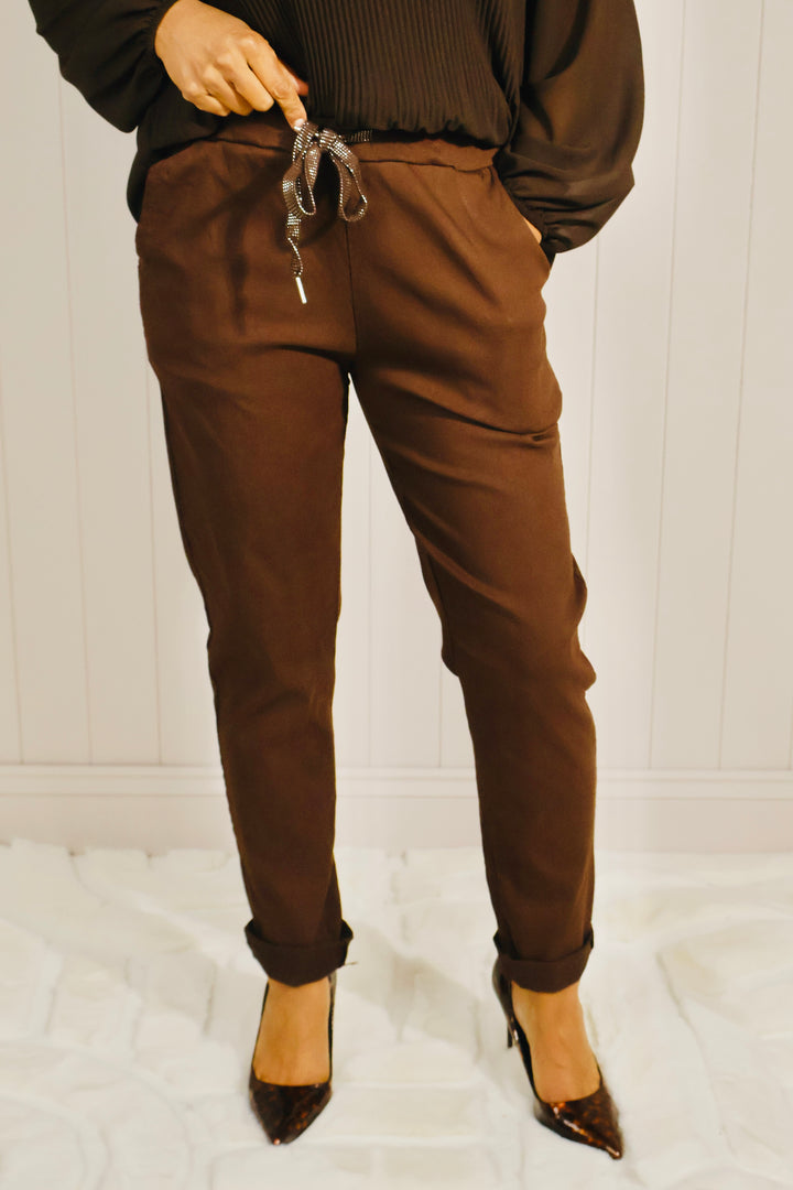 Lurex Tie Magic Pants Chocolate