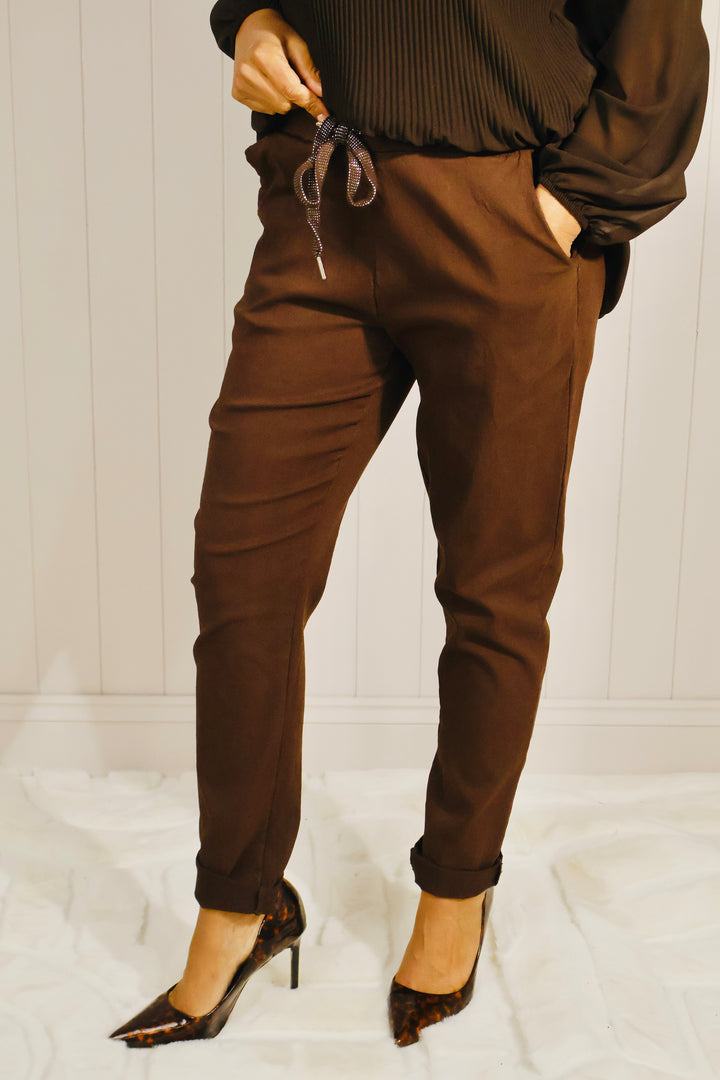Lurex Tie Magic Pants Chocolate