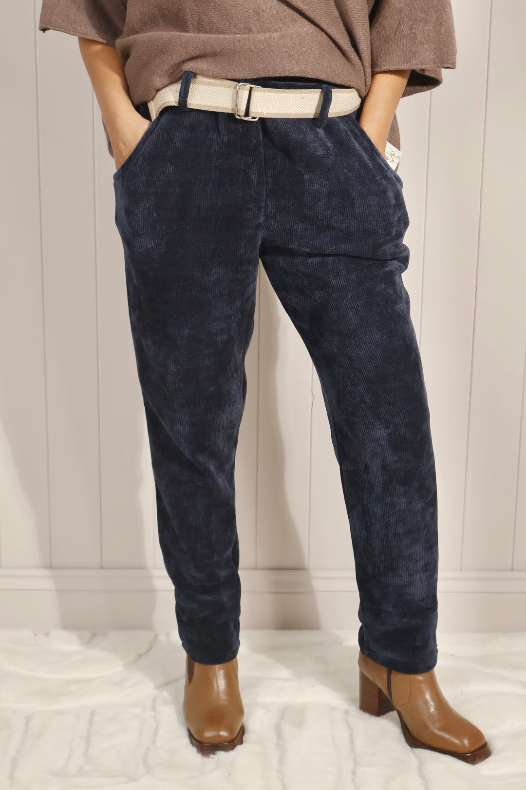 Belted Chenille Magic Pants Navy