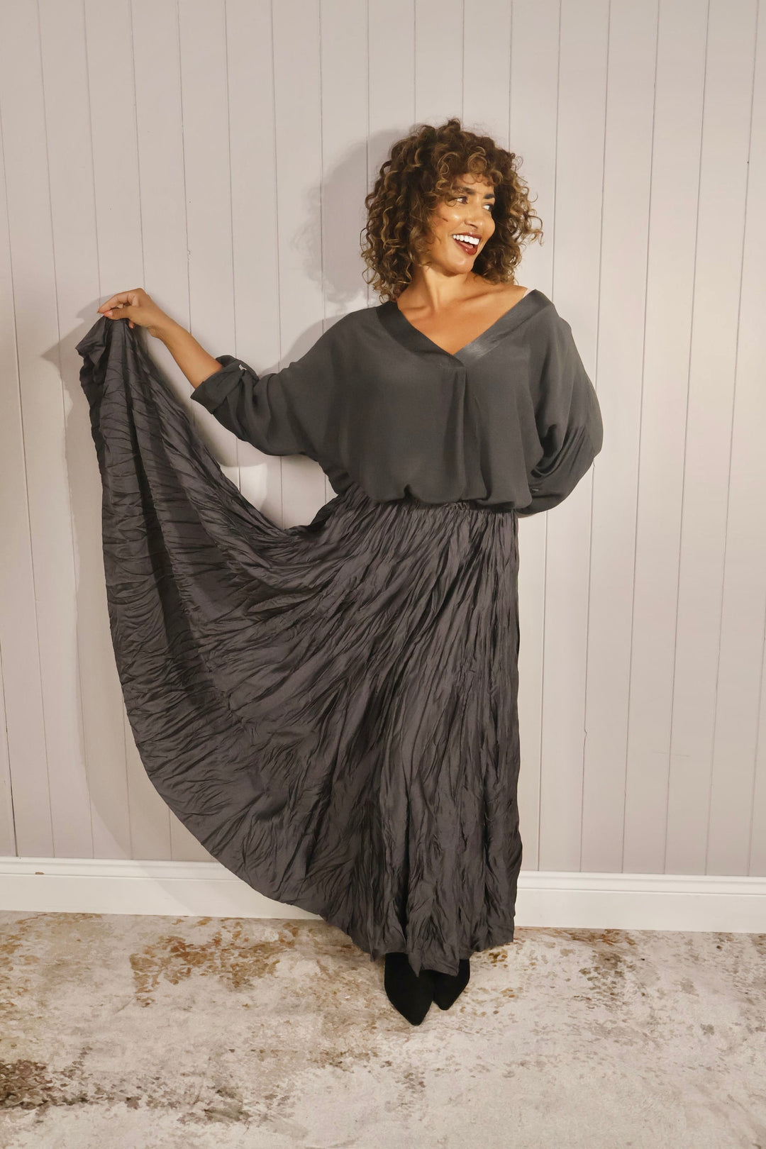 Elisa Crinkle Satin Skirt Slate