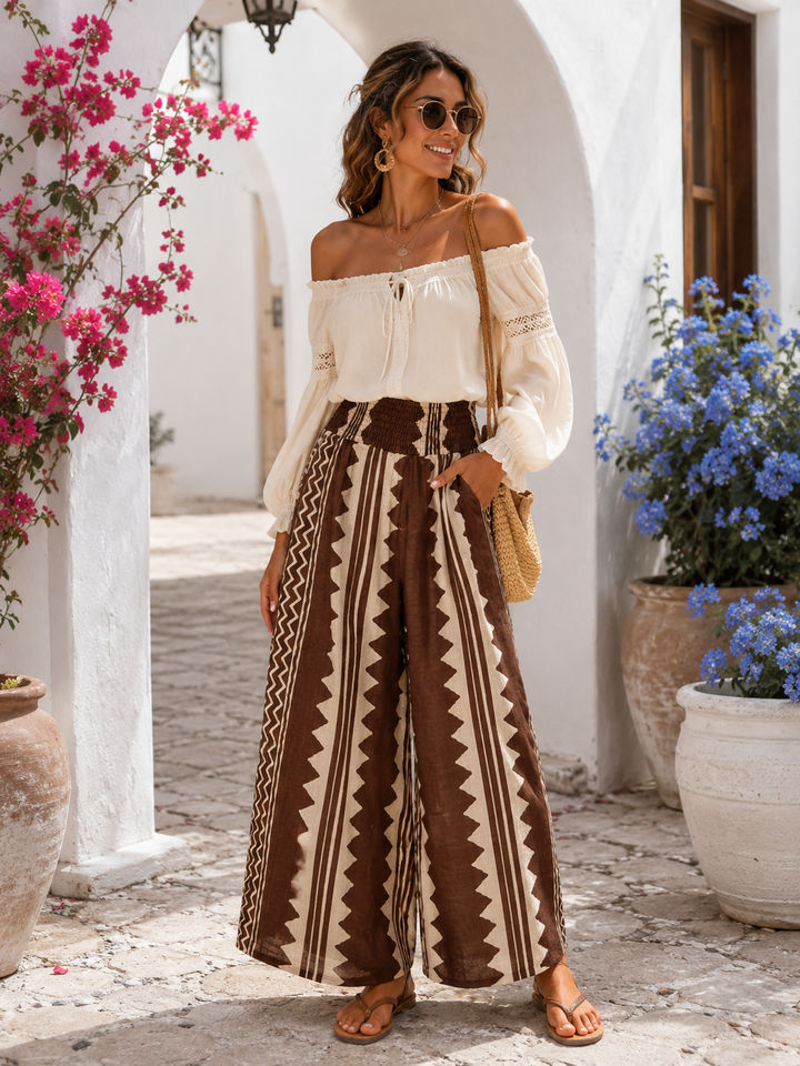 Justina Aztec Palazzo Trousers Chocolate