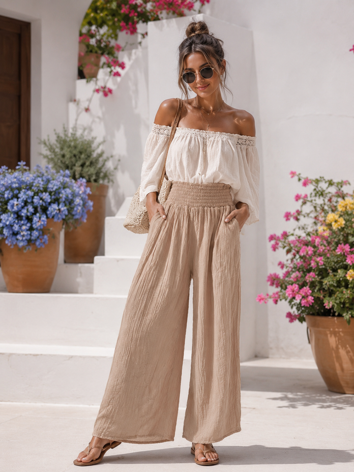 Martia Shirred Palazzo Trousers Beige