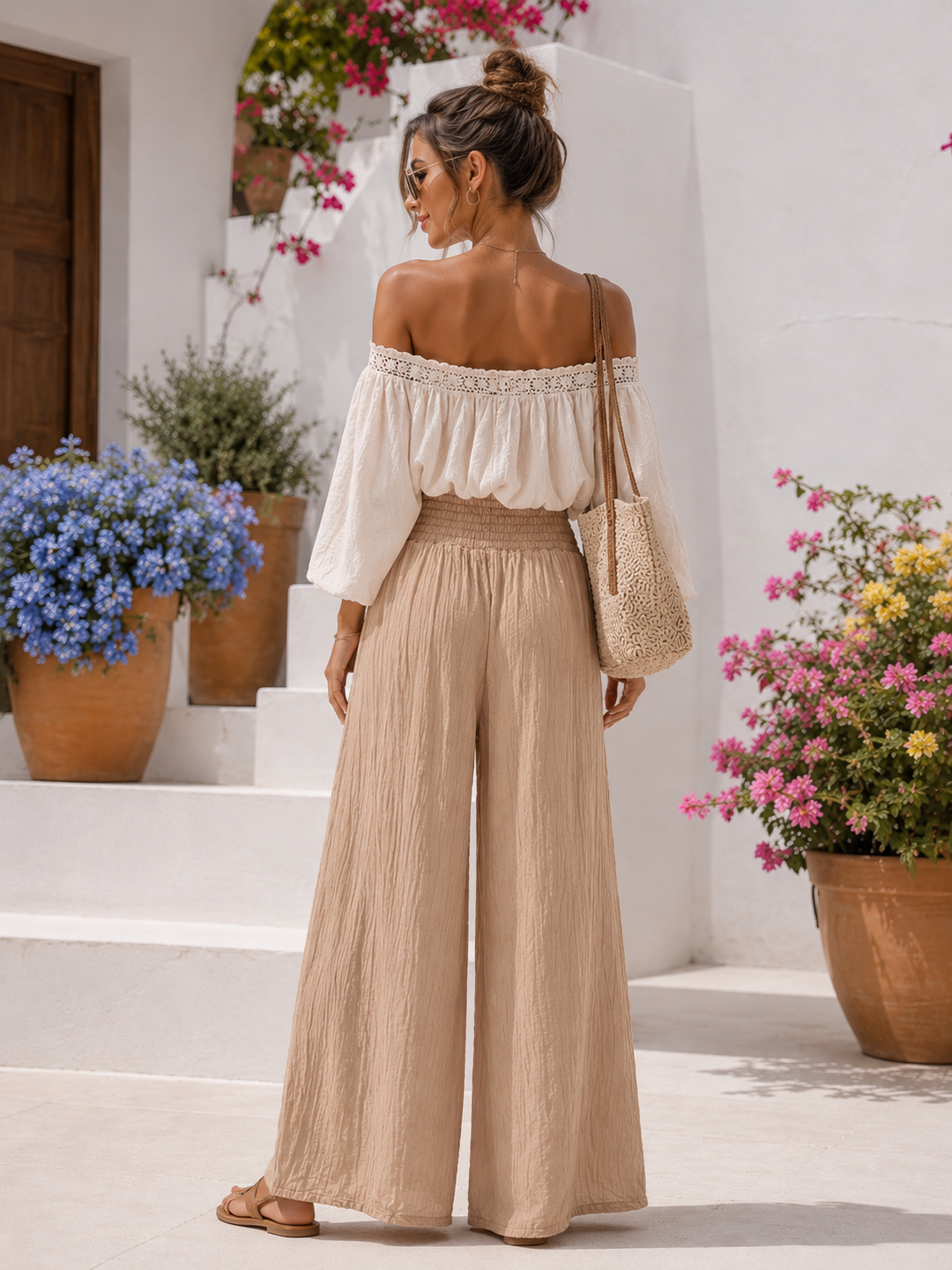 Martia Shirred Palazzo Trousers Beige
