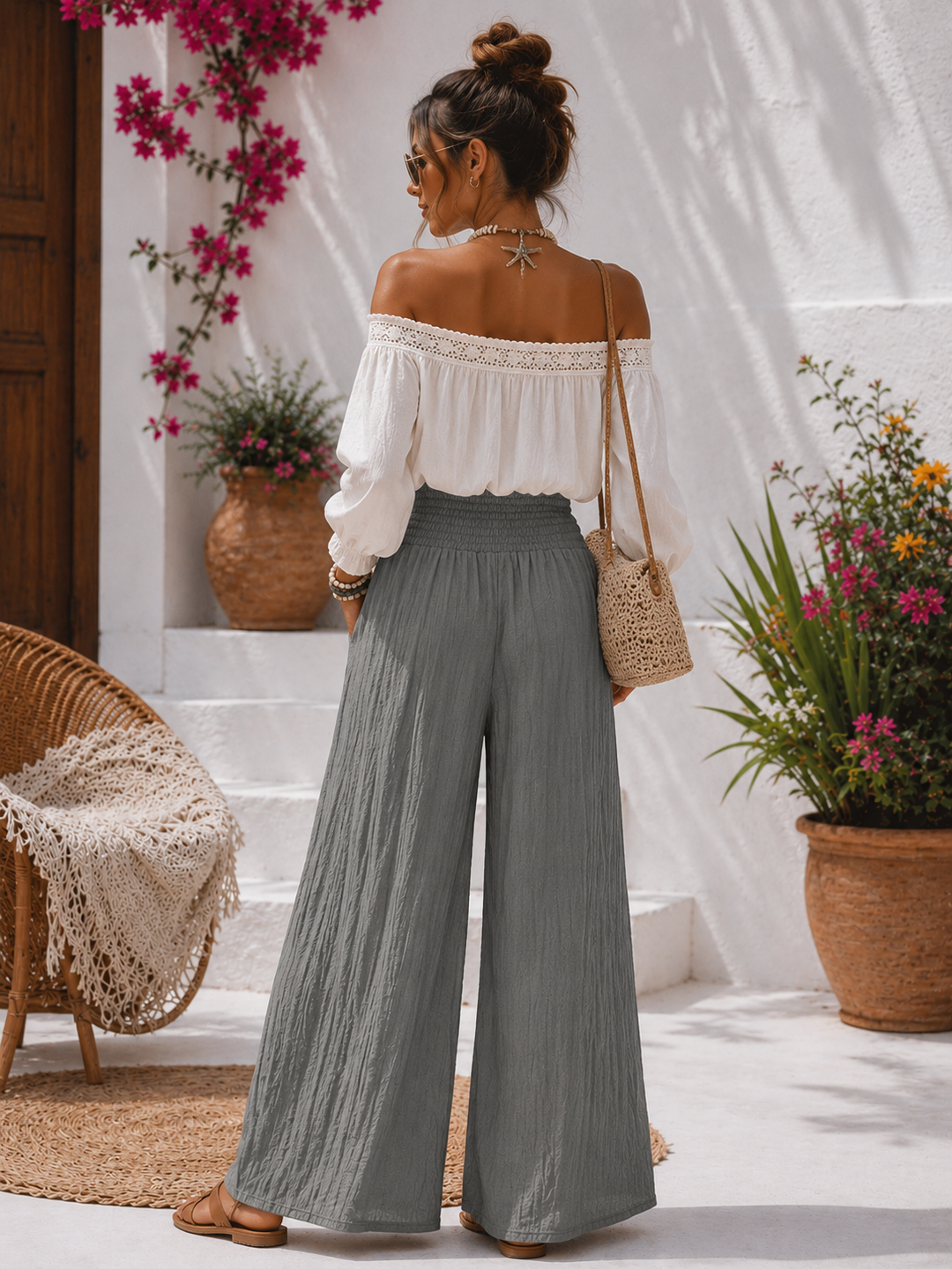Martia Shirred Palazzo Trousers Grey
