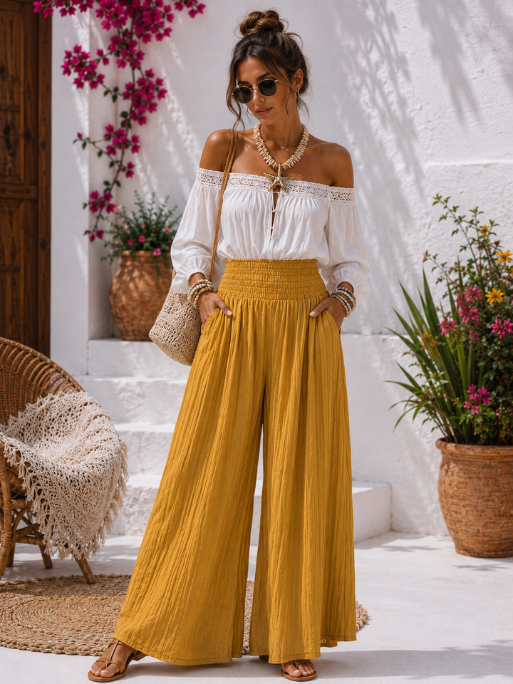 Martia Shirred Palazzo Trousers Mustard
