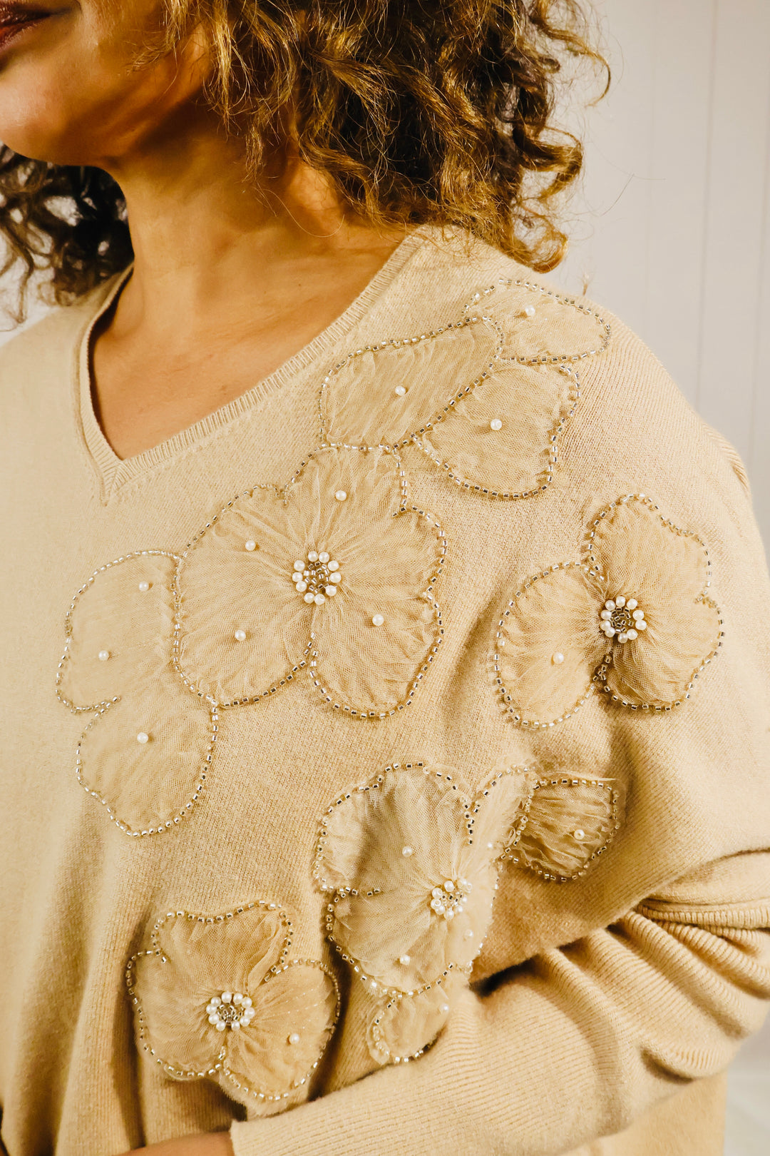 Skye Sequin Flower Jumper Camel