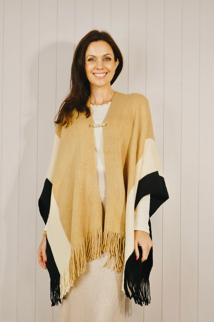 Colour Block Tassel Poncho Camel