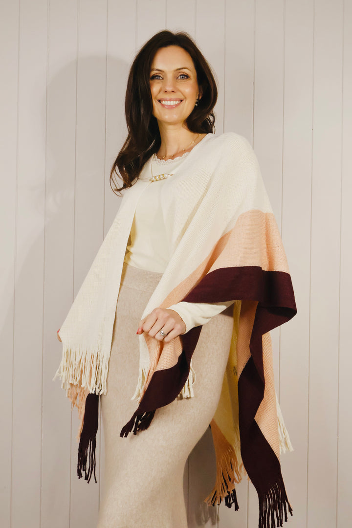 Colour Block Tassel Poncho Plum