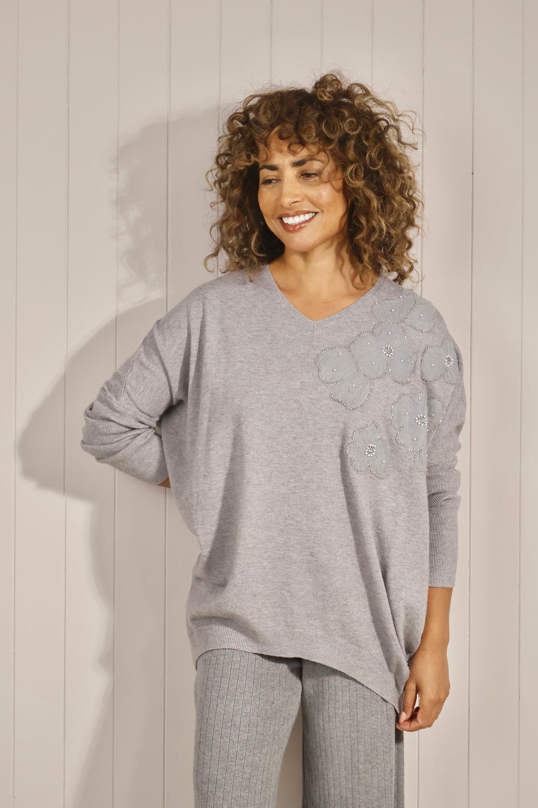 Skye Sequin Flower Jumper Grey