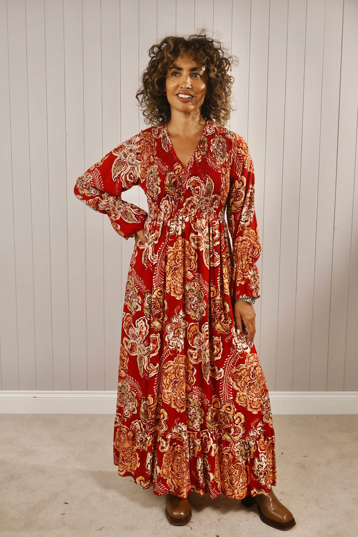 Paisley Flower Shirred Dress